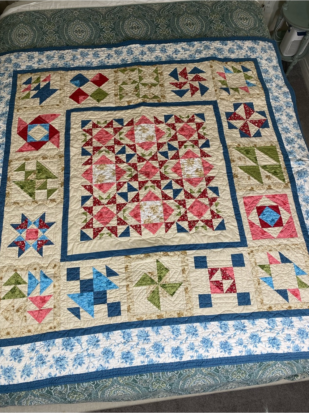 Handmade Patchwork Quilt Bedspread in Cream, Red, Blue & Green by